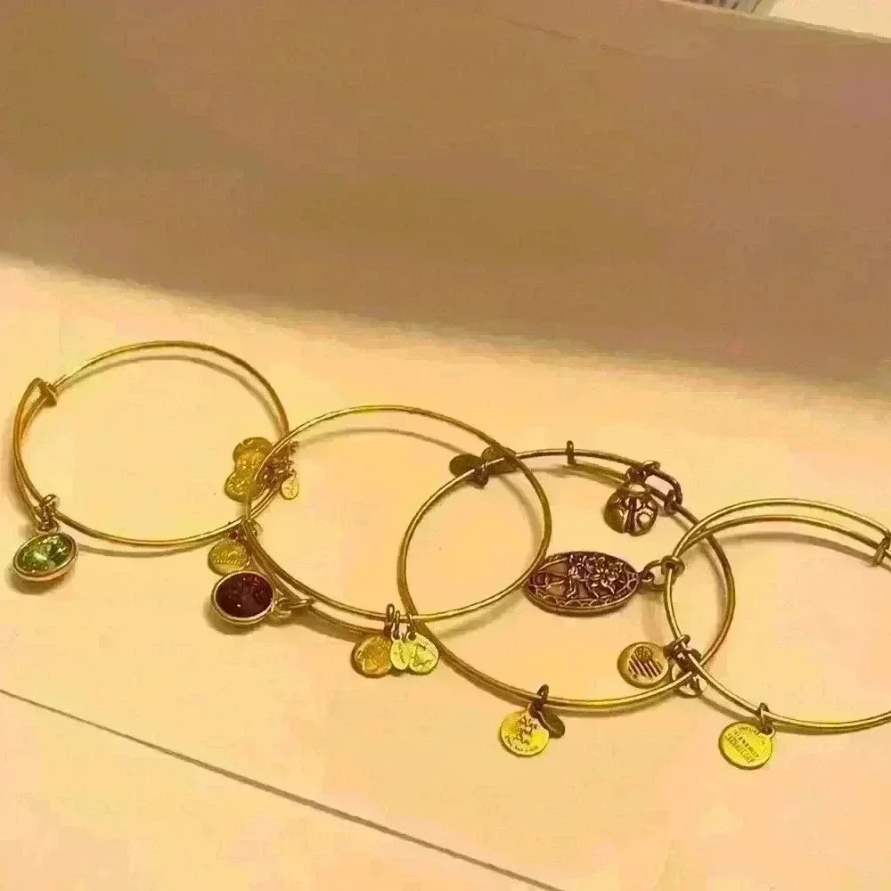 Set of 4 Alex  and Ani bangles purple and green stone, lady bug and best friend